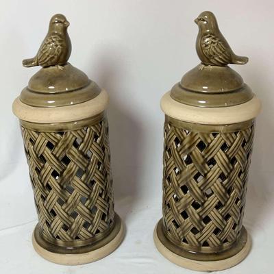 Pair of Woven Ceramic Bird Hurricane Canisters