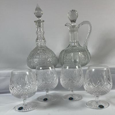 Set  Of 4 Waterford Brady Sniffer Glasses & 2 Etched Glass Decanters 