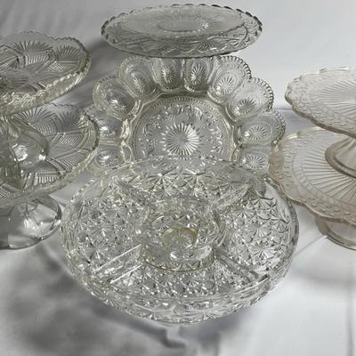 Glass Cut Dishes - 5 Pedestal Cake Plates, Egg Platter, Relish Crudite Platter