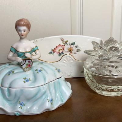 Limoges Porcelain Trinket Box, Webster Rogers AR Briar Rose Napkin Holder, Glass Keepsake Holder