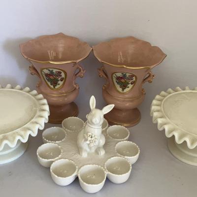 2 Tebor Crownford China Vases, 2 Cake Stands, & Bunny Egg Platter 