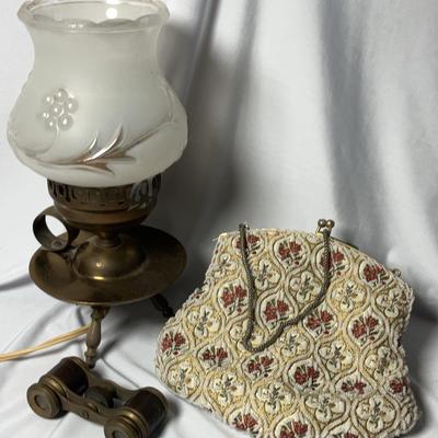 Vintage Opera Glasses, Small Hurricane Style Brass Lamp & Handbag