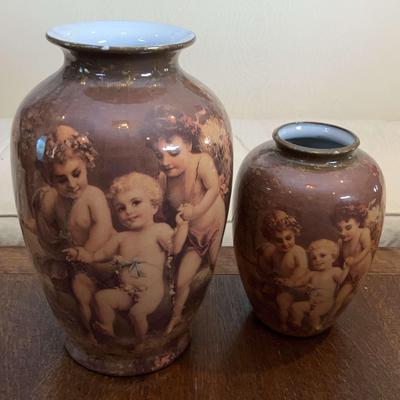 Pair of Vintage Enesco Cherub Ceramic Vases