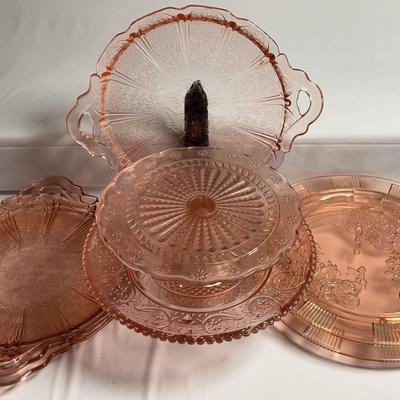 Pink Depression Glass - 5 Platters & 2 Cake Stands 