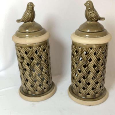 Woven Ceramic Bird Hurricane Canisters - Set Of 2 