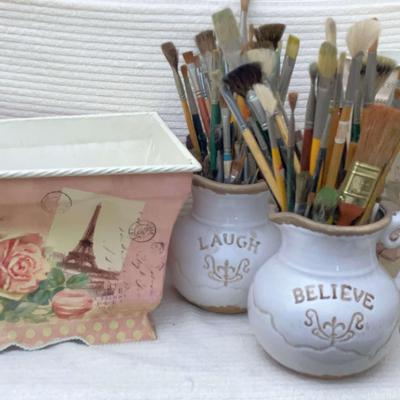 Distressed Boho Country Ceramic Pitchers Filled w/ Brushes & Floral Tin Containers 