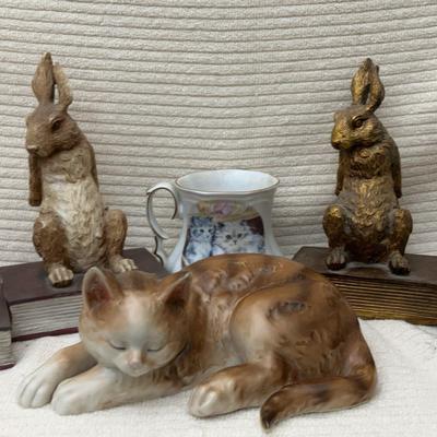 Bunny Bookends, Ceramic Sleeping Cat and Cat Teacup