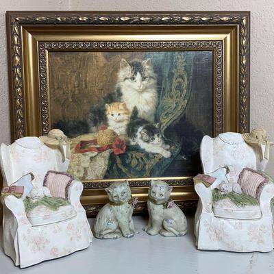 Henriette Ronnet Knip Framed Cat Print, 2 cat figurines & 2 Chair bookends