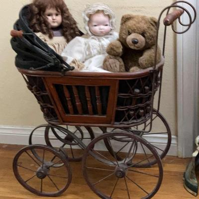 Vintage - 2 Dolls, Teddy Bear, & Carriage 
