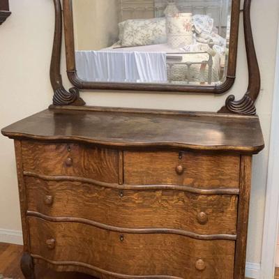 Oak Four Drawer Antique Dresser with Mirror