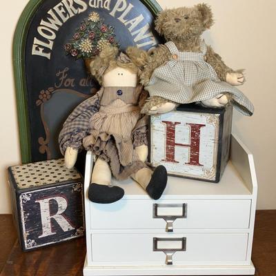 Rag Doll, Bearington Collection Bear, Letter Blocks, Chalkboard & 2 drawer organizer decor