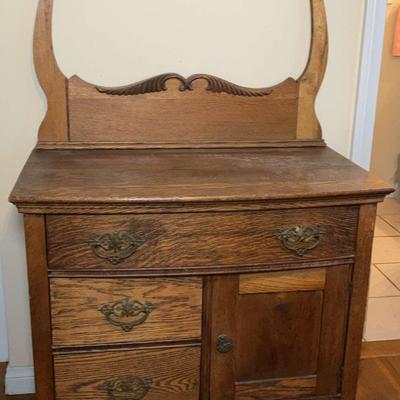 Antique Oak Wash Stand with Ornate carved Towel Bar