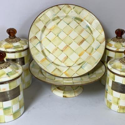 McKenzie Childs Parchment Check Enamel Canisters and Platters