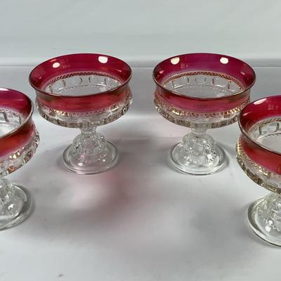 Vintage Indiana Glass "Kings' Crown" Thumbprint Cranberry Stemmed Dessert Bowls 