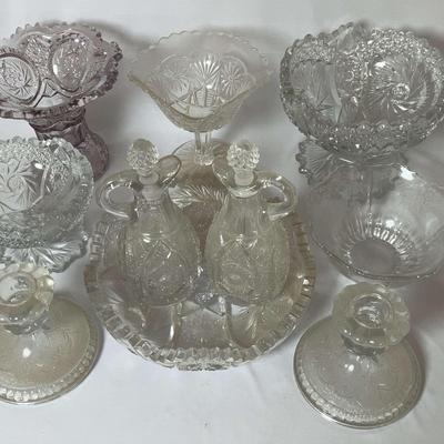 More Glass Cut bowls, Vinegar & oil set plus candlestick holders