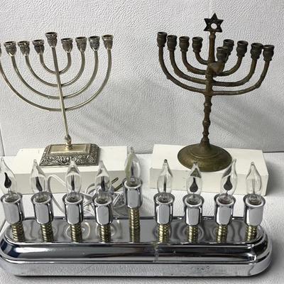 Hannukah Menorahs- Vintage Brass, Silverplate, and Electric Flickering 9-bulb, 3 Pcs