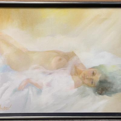 Fred Money Original Painting of a Woman Laying Down, Signed and Framed 