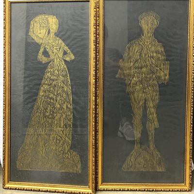 Brass Rubbing Art, “Lace Lady” and Edward the Black Prince, 2 Pcs -Goldtone Ornate Frames