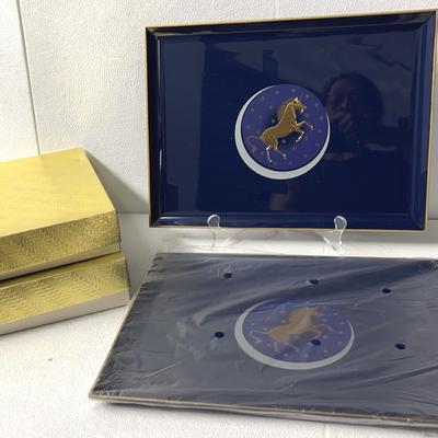 Otagiri Lacquer Unicorn Trays - Cobalt Blue and Goldtone, 2 Pcs, NIB - Vintage