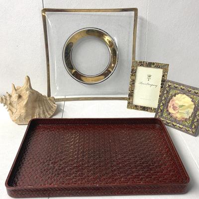 Glass Goldtone Square Platter, Faux-jewelled Photo Frames, Queen Conch Decor Ware