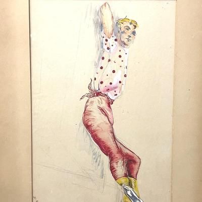 Original Sketch and Watercolor on Paper, Jill Schary - Depicting Man In a Polka Dot Shirt