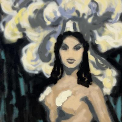 Original Airbrush Painting on Board, “Showgirl" by Evelyn Borchard Metzger