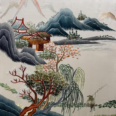 East Asian Landscape Silk Embroidery Art - Stretched on Board