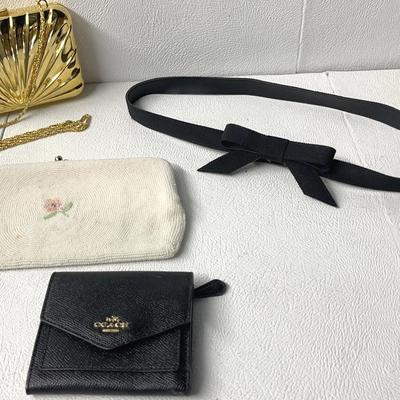 Coach Women’s Wallet, Goldtone Evening Purse, Beaded Evening Purse, Bow Ribbon Women’s Belt