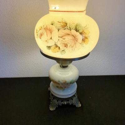 Vintage Glass Parlor Hurricane Lamp Hand Painted Floral Pattern 