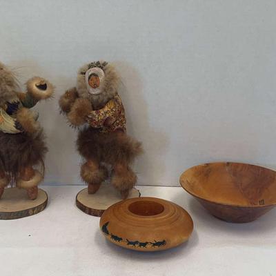 Alaskan Birch Bowl, Candle Holder, And Alaskan Figures 