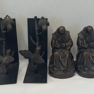 Bronze Monk And Bird Cast Book Ends