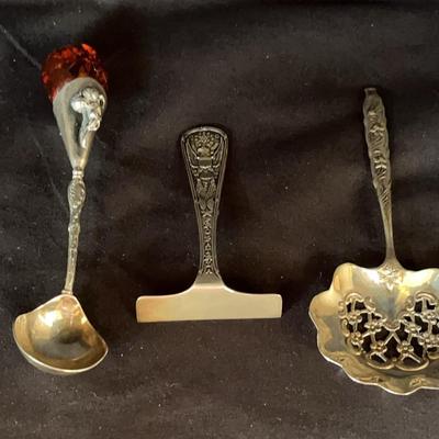 Sterling & Amber Ladle, Sterling Bon Bon Server And Crim Scraper