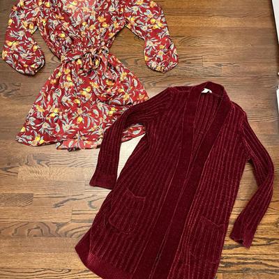 Womens Burgundy Wrap Dress And Chenille Cardigan Size M/L