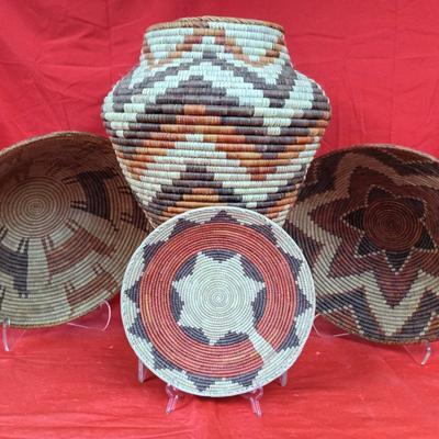 Four Wicker Style Woven Decor Baskets W/ Wicker Vase