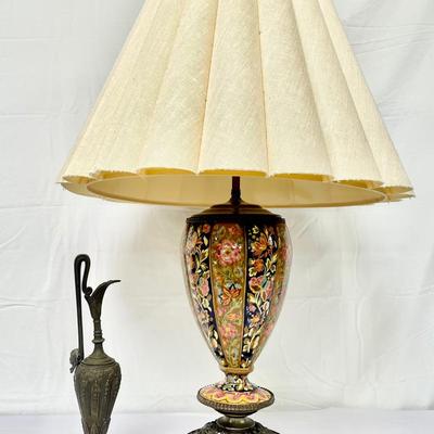 Antique Brass Ewer & Cloisonné Enamled Table Lamp 