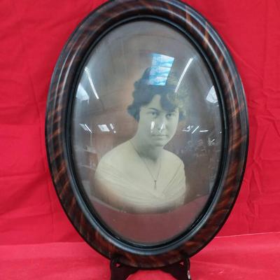 Vintage Portrait Print W/ Oval Bubble Glass And Hardwood Frame