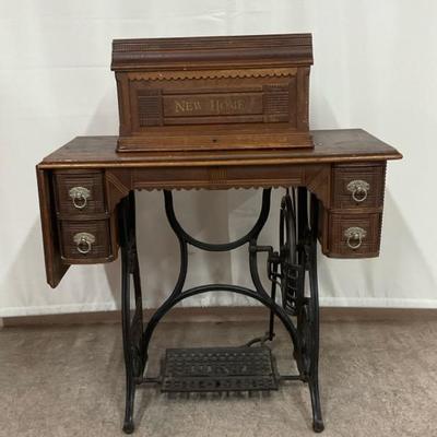 Antique New Home Treadle Sewing Machine W/ Cabinet 