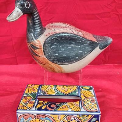 Tonala Style Pottery Duck Figure W/ Talavera Tissue Box Cover