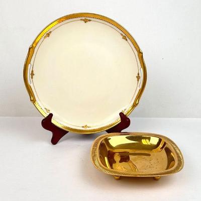 Lot #145 Vintage China Serving Plate with Gold Detailing and "M.S.T." marking & WMF Germany 24K Gold Plated EPBrass Footed...