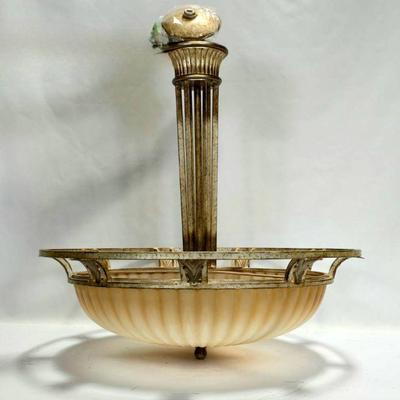 Lot #189 Vintage Art Deco Revival Chandelier - Large Metal & Glass Hanging Lamp with Stylized Gold Foliage