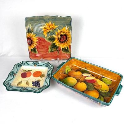 Lot #170 Hand Painted Casserole Dish and 2 Serving Plates