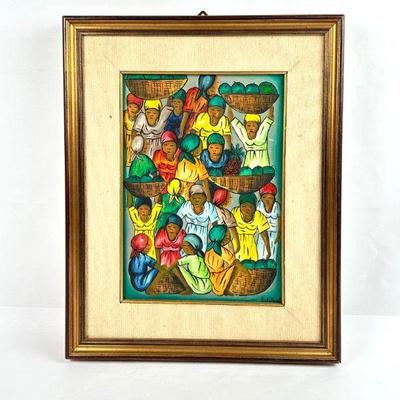 Sale Photo Thumbnail #85: Lot #85 Vintage Haitian Painting Framed with Mat, Signed by Artist P. Jelcort