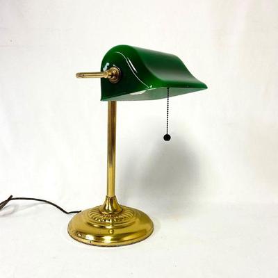 Lot #20 Vintage Bankers Lamp - Brass with Green Glass Shade