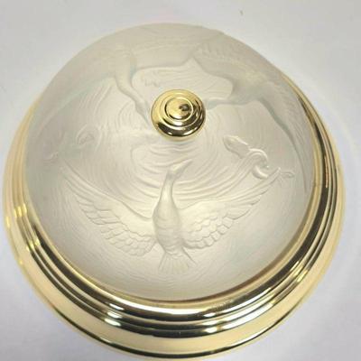 Lot #190 Vintage Frosted Glass Gold Tone Flush Mount Ceiling Lamps - Birds, Fish, and Waves - 13" Set of 2
