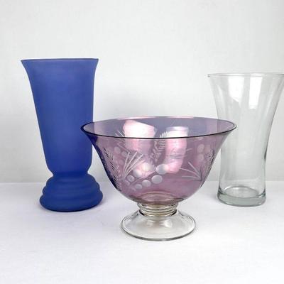 Lot #137 Lenox Etched Bowl, Tall Blue Vase & Tall Trumpet Shaped Clear Vase