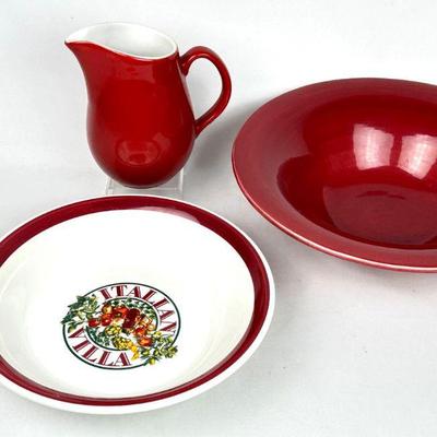 Lot #15 Vintage Italian Serving Bowl, Large Red Ceramic Serving Bowl & Red Sengware Pitcher