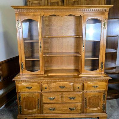 Lot #51 Vintage Farmhouse Dining Buffet & Hutch - Solid Wood, Honey-Toned Finish, Paneled Doors, Brass Hardware