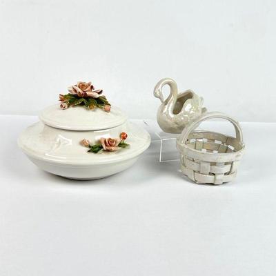 Lot #53 Vintage Capodimonte Porcelain Dresser Box, Porcelain Basket, Iridescent Porcelain Swan Figurine