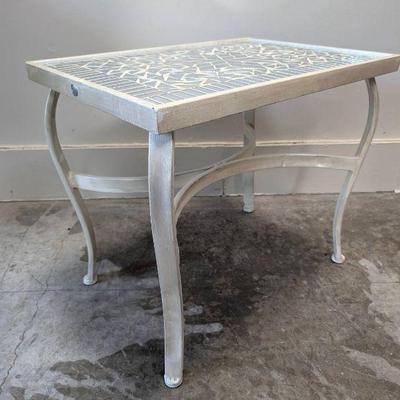 Lot #102 Vintage White Metal Side Table with Glass Mirror Mosaic Table Top
