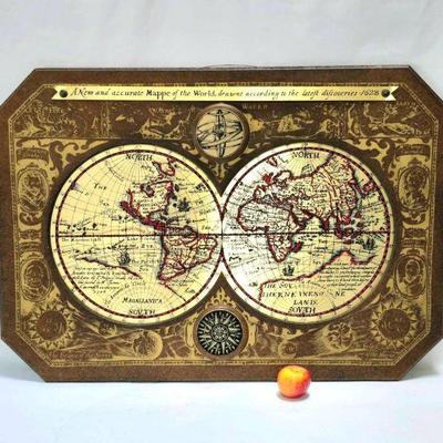 Sale Photo Thumbnail #184: Lot #184 Vintage 1964 Masketeers World Map of 1628 in Wood & Brass, Hand Painted - 30" x 44"